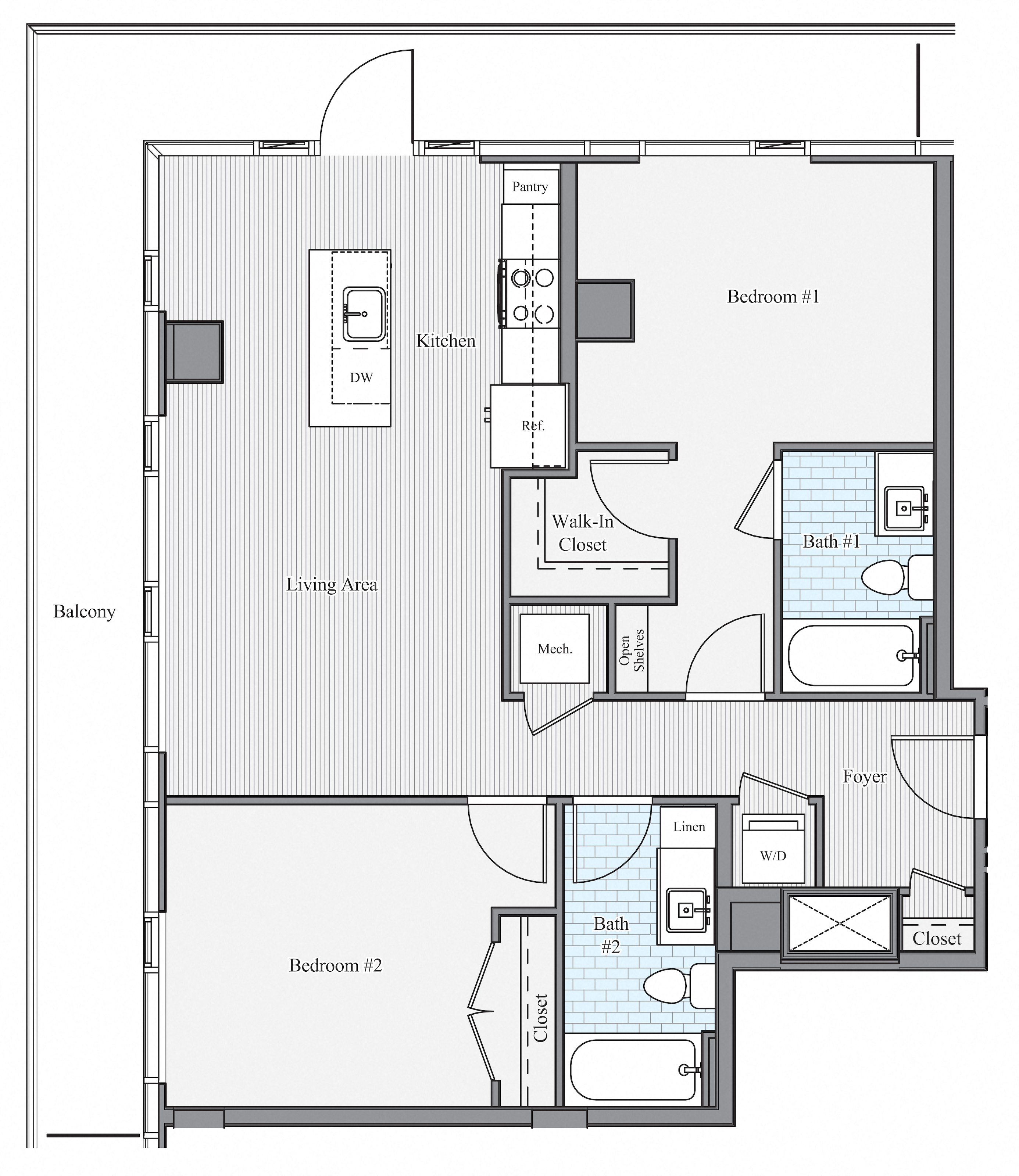 Floor plan for 2 beds, 2 baths, 1237 sqft